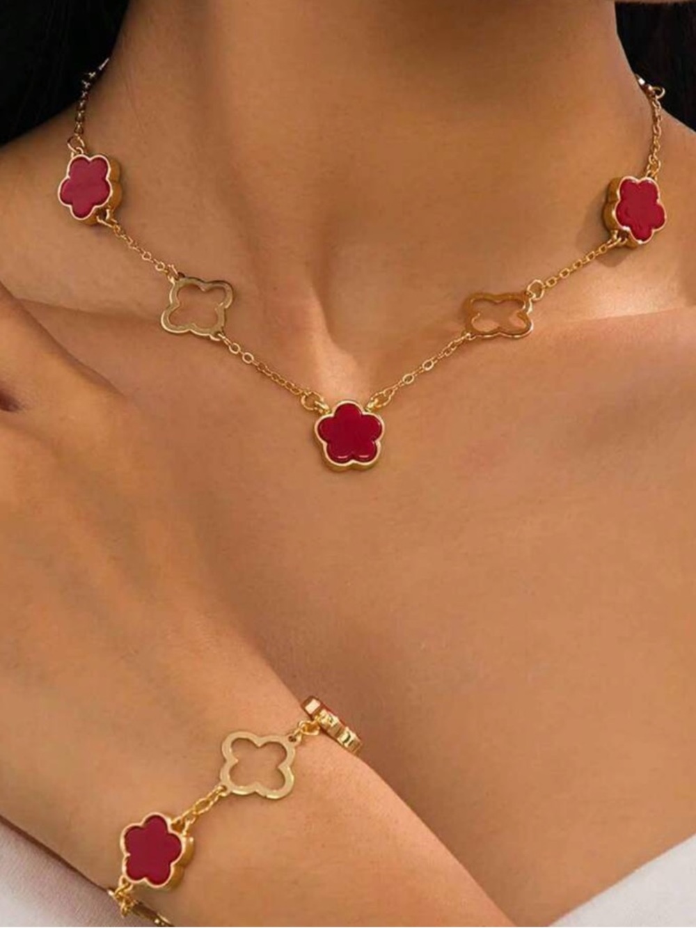 Target Gold-Tone Necklace & Bracelet Set with Red Flower Accents